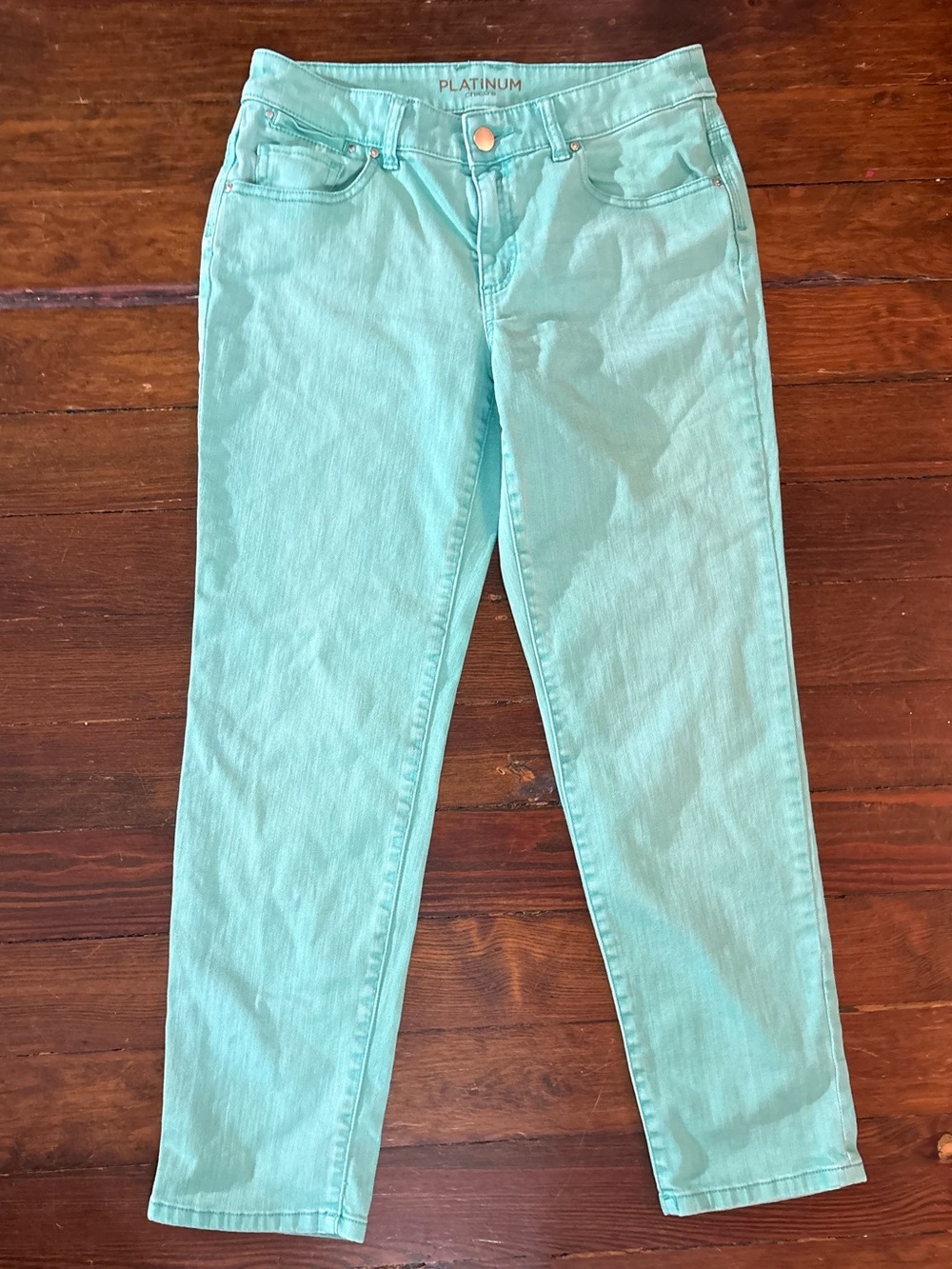 Chicos platinum skimmer teal blue straight leg pants size 2 - Picture 1 of 4
